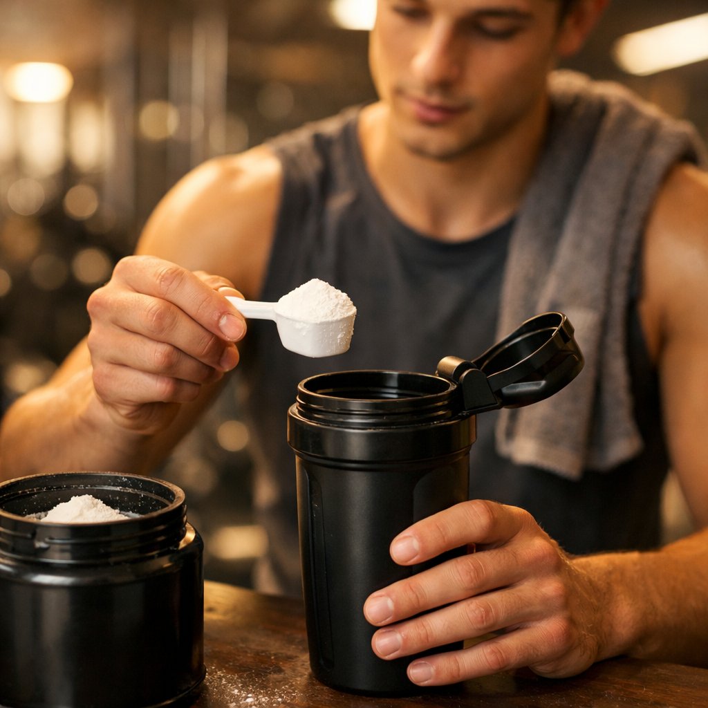 Person der blander kreatinpulver i en shaker efter træning