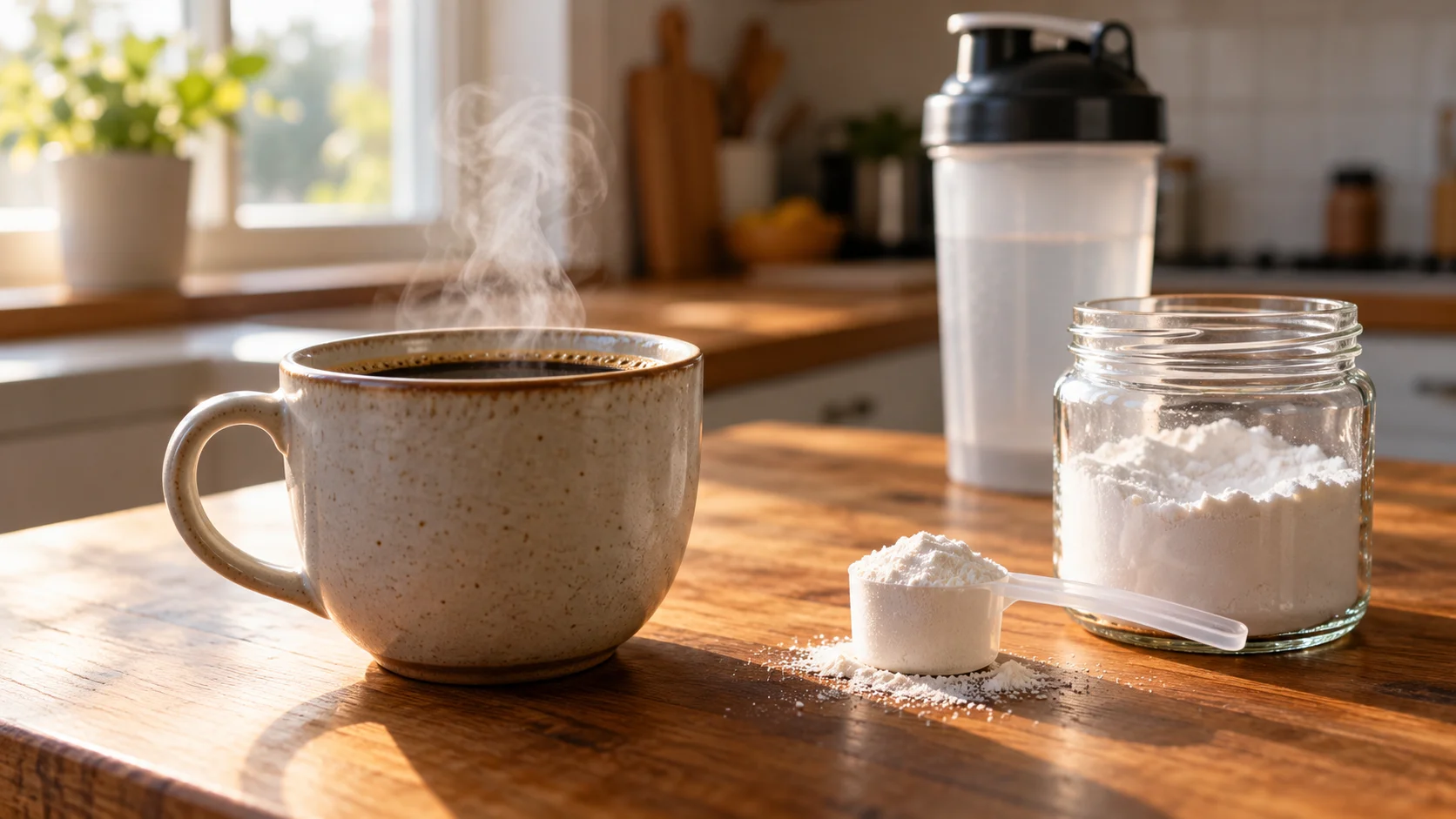 Kop sort kaffe ved siden af en skefuld kreatinpulver på et køkkenbord i morgenlys