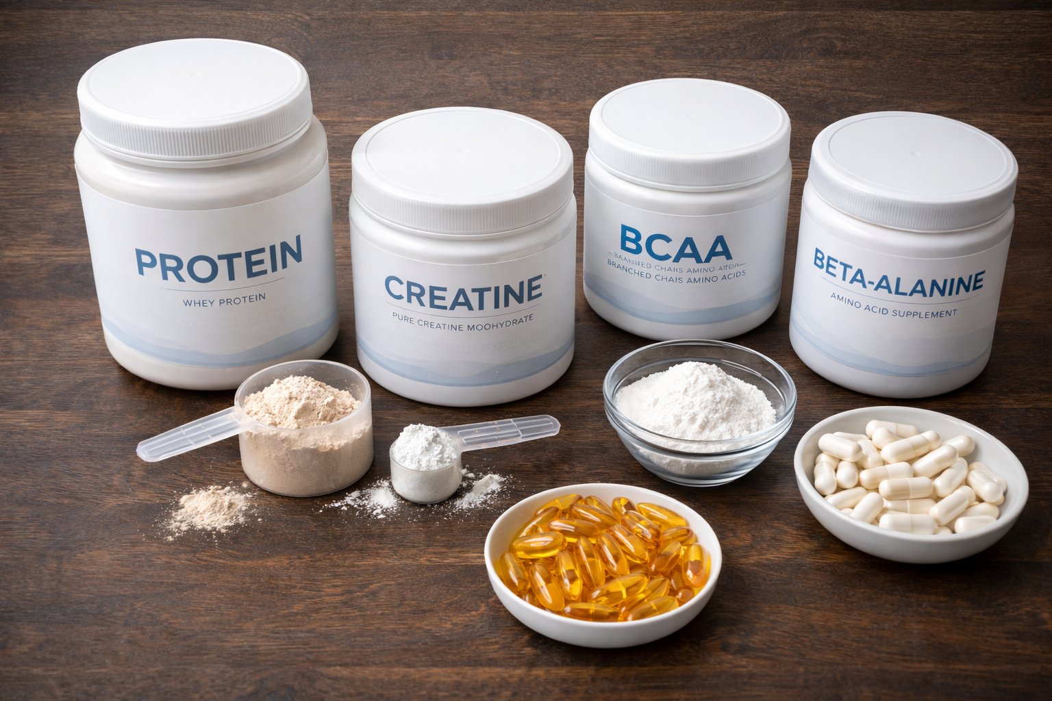 Forskellige kosttilskud til muskelvækst opstillet på et bord