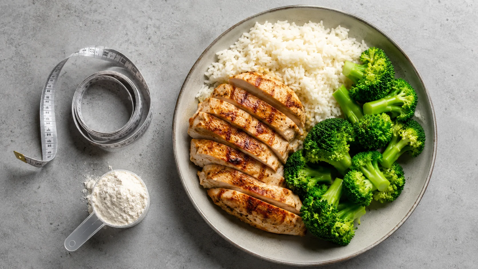 Måltid med kylling, ris og broccoli ved siden af et målebånd og en skefuld kreatinpulver